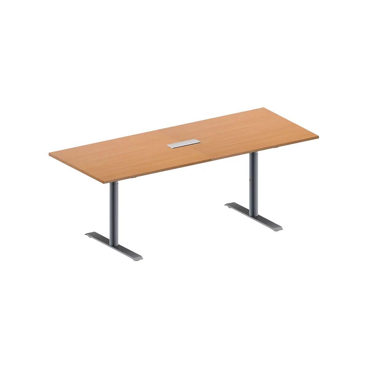 Schäfer Shop Genius Mesa de reuniones MODENA FLEX, ajustable en altura, cuadro de conexión de 3 tomas, forma rectangular, pata en T tubo redondo, An 2000 x P 800 mm, acabado en haya