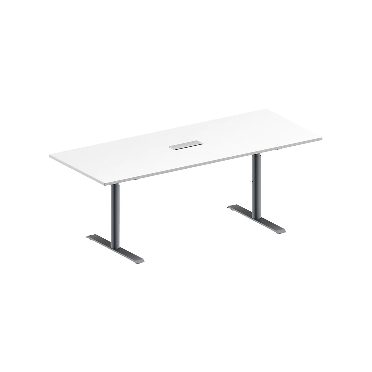 Schäfer Shop Genius Mesa de reuniones MODENA FLEX, ajustable en altura, cuadro de conexión de 3 tomas, forma rectangular, pata en T tubo redondo, An 2000 x P 800 mm, blanco