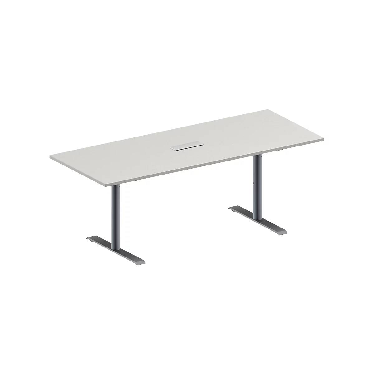 Schäfer Shop Genius Mesa de reuniones MODENA FLEX, ajustable en altura, cuadro de conexión de 3 tomas, forma rectangular, pata en T tubo redondo, An 2000 x P 800 mm, gris luminoso