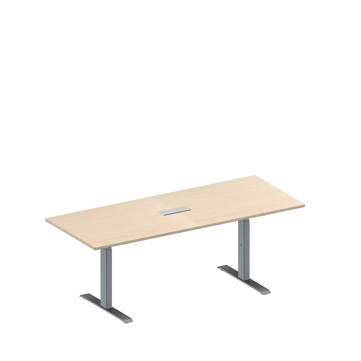 Schäfer Shop Genius Mesa de reuniones MODENA FLEX, ajustable en altura, cuadro de conexión de 3 tomas, rectangular, pata en T, An 2000 x P 800 mm, acabado en arce