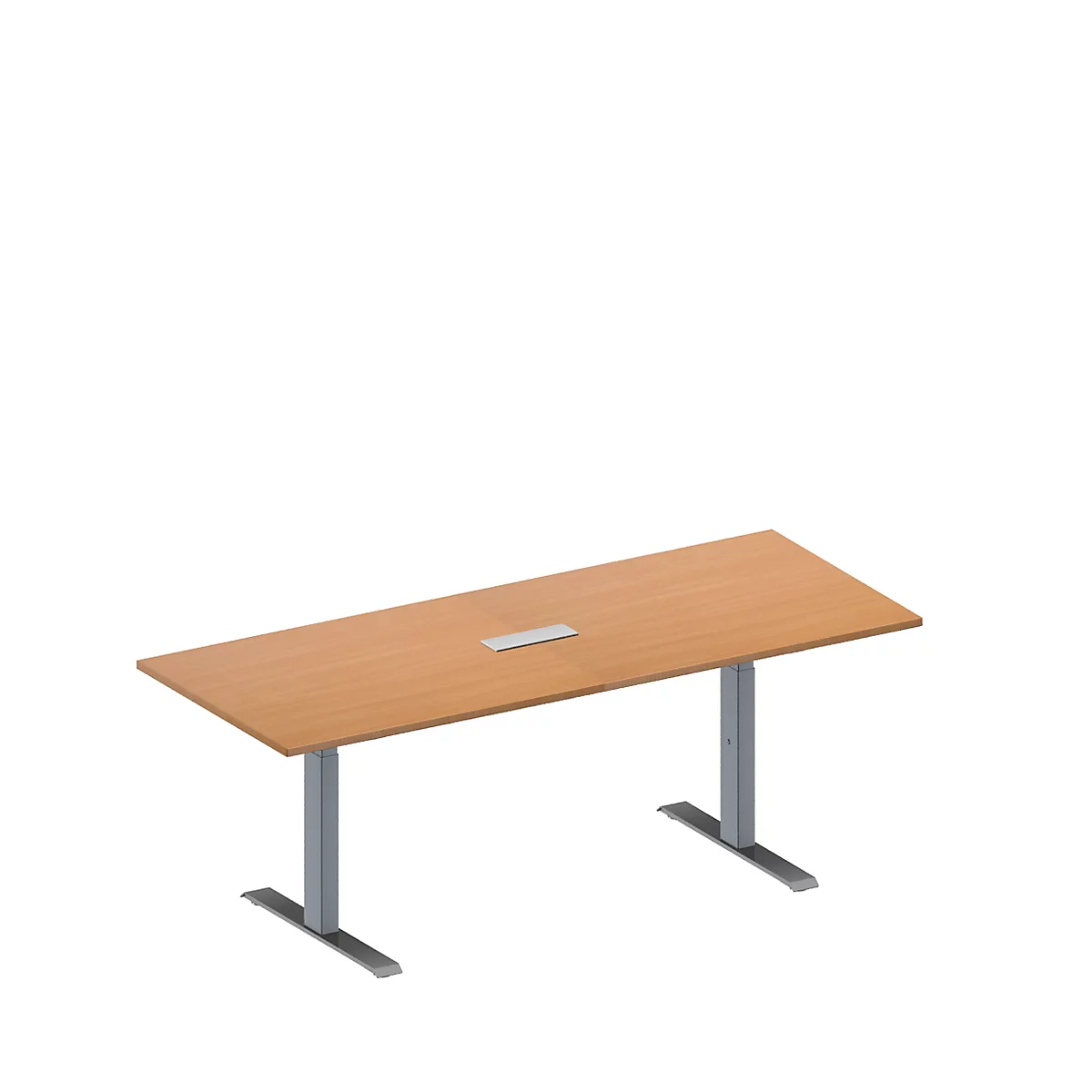 Schäfer Shop Genius Mesa de reuniones MODENA FLEX, ajustable en altura, cuadro de conexión de 3 tomas, rectangular, pata en T, An 2000 x P 800 mm, acabado en haya