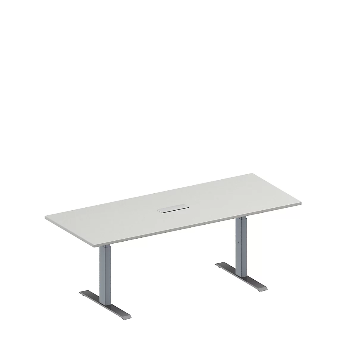 Schäfer Shop Genius Mesa de reuniones MODENA FLEX, ajustable en altura, cuadro de conexión de 3 tomas, rectangular, pata en T, An 2000 x P 800 mm, gris luminoso