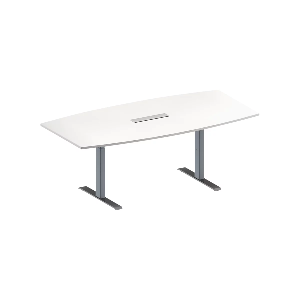 Schäfer Shop Genius Mesa de reuniones MODENA FLEX, ajustable en altura, cuadro de conexión de 6 tomas, forma de barca, pata en T de tubo rectangular, An 2000 x P 1000/800 mm, blanco