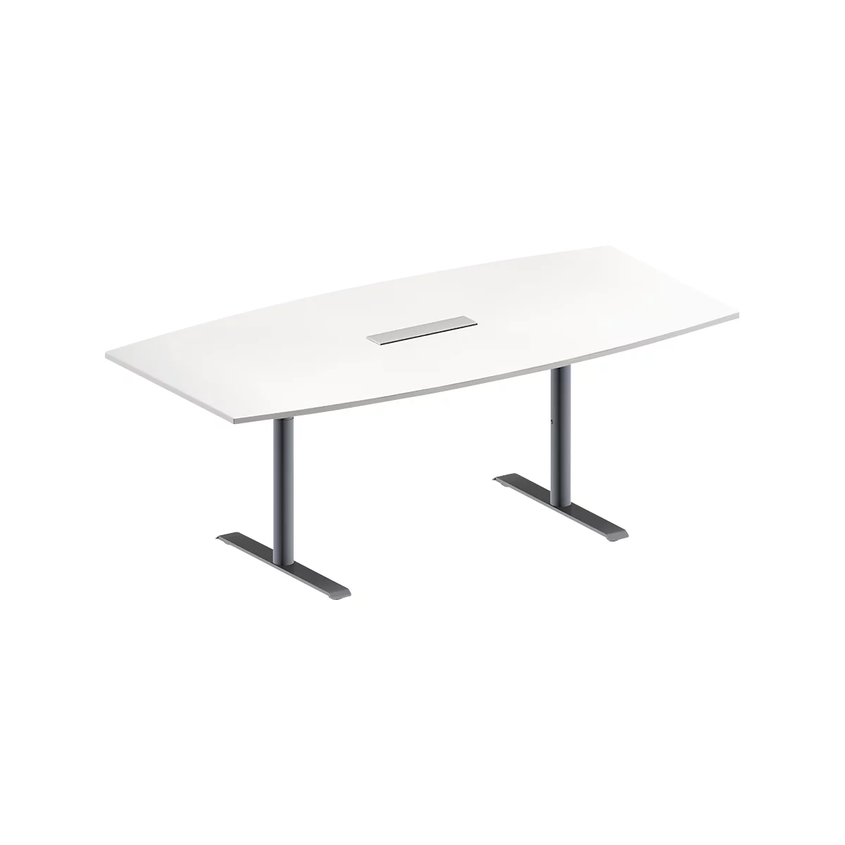 Schäfer Shop Genius Mesa de reuniones MODENA FLEX, ajustable en altura, cuadro de conexión de 6 tomas, forma de barca, pata en T de tubo redondo, An 2000 x P 1000/800 mm, blanco