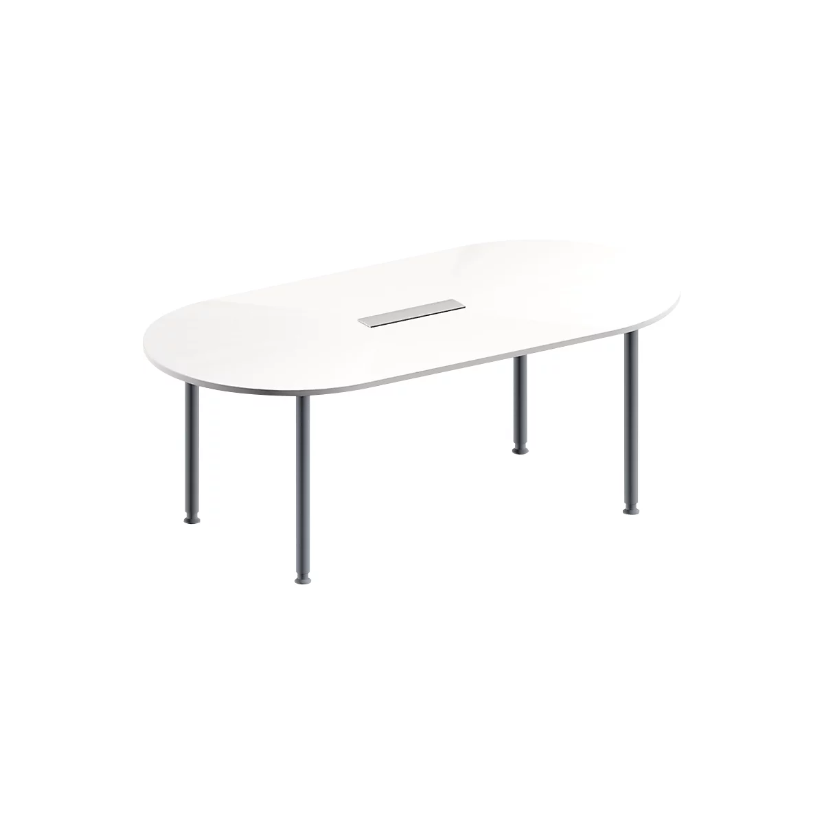 Schäfer Shop Genius Mesa de reuniones MODENA FLEX, ajustable en altura, cuadro de conexión de 6 tomas, forma ovalada, 4 patas de tubo redondo, 2000 x 1000 mm, blanco