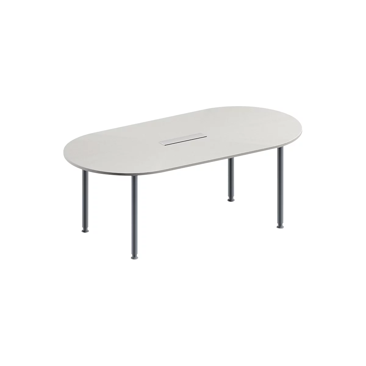 Schäfer Shop Genius Mesa de reuniones MODENA FLEX, ajustable en altura, cuadro de conexión de 6 tomas, forma ovalada, 4 patas de tubo redondo, 2000 x 1000 mm, gris luminoso