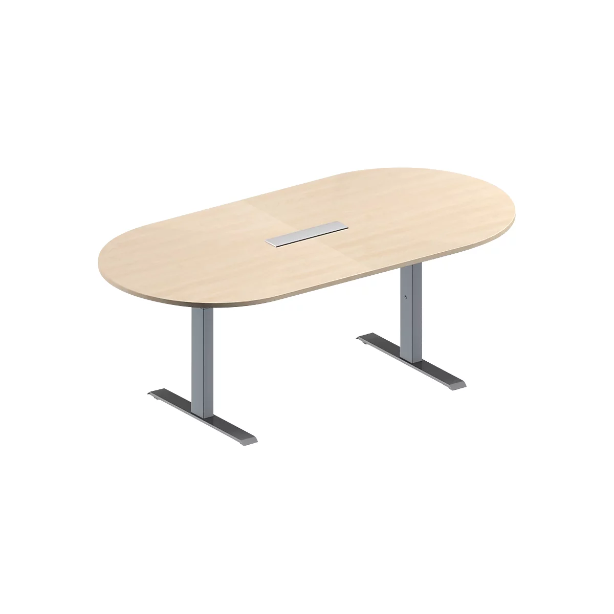 Schäfer Shop Genius Mesa de reuniones MODENA FLEX, ajustable en altura, cuadro de conexión de 6 tomas, forma ovalada, pata en T de tubo rectangular, An 2000 x P 1000 mm, acabado en arce