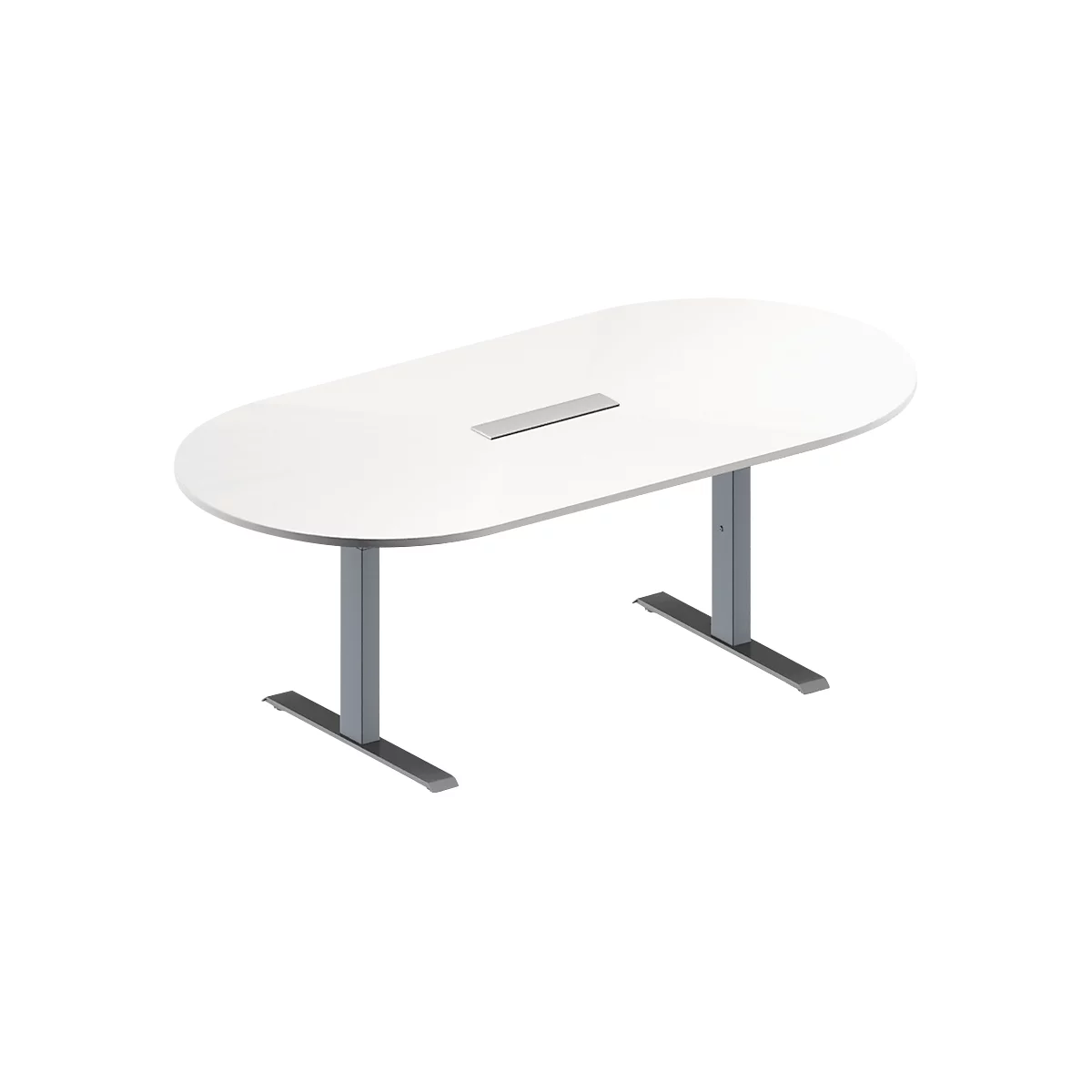 Schäfer Shop Genius Mesa de reuniones MODENA FLEX, ajustable en altura, cuadro de conexión de 6 tomas, forma ovalada, pata en T de tubo rectangular, An 2000 x P 1000 mm, blanco