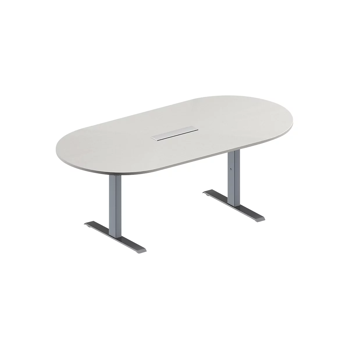 Schäfer Shop Genius Mesa de reuniones MODENA FLEX, ajustable en altura, cuadro de conexión de 6 tomas, forma ovalada, pata en T de tubo rectangular, An 2000 x P 1000 mm, gris luminoso