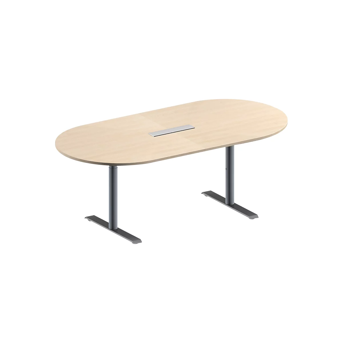 Schäfer Shop Genius Mesa de reuniones MODENA FLEX, ajustable en altura, cuadro de conexión de 6 tomas, forma ovalada, pata en T de tubo redondo, An 2000 x P 1000 mm, acabado en arce