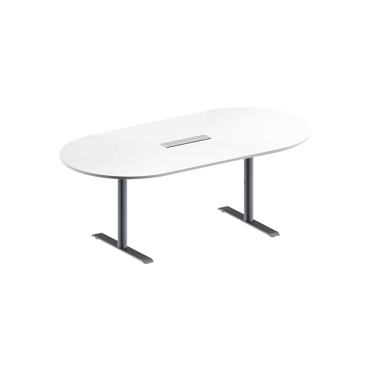 Schäfer Shop Genius Mesa de reuniones MODENA FLEX, ajustable en altura, cuadro de conexión de 6 tomas, forma ovalada, pata en T de tubo redondo, An 2000 x P 1000 mm, blanco