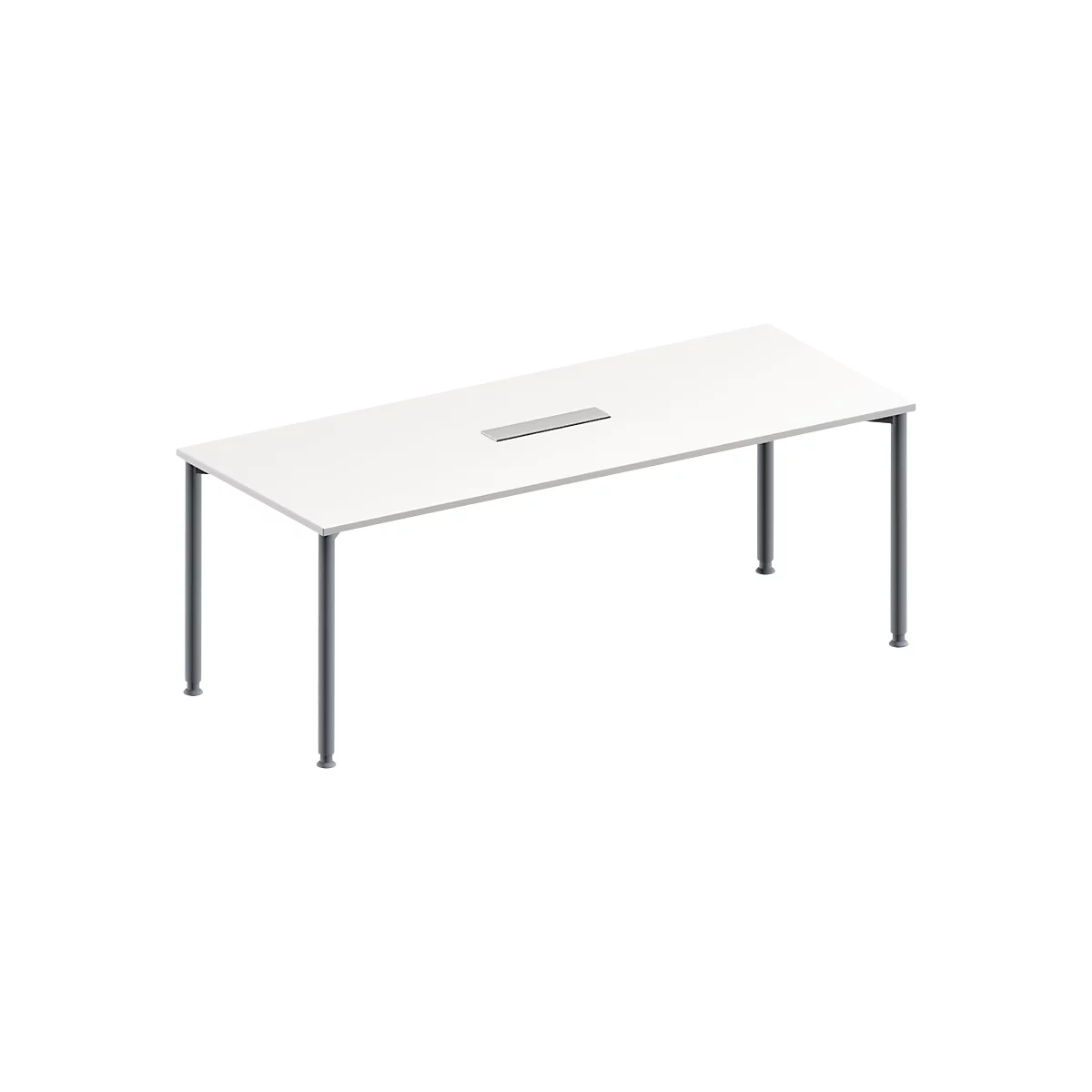 Schäfer Shop Genius Mesa de reuniones MODENA FLEX, ajustable en altura, cuadro de conexión de 6 tomas, forma rectangular, 4 patas de tubo redondo, An 2000 x P 800 mm, blanco