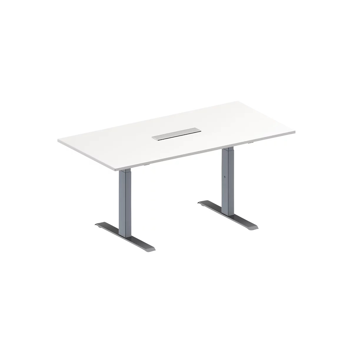 Schäfer Shop Genius Mesa de reuniones MODENA FLEX, ajustable en altura, cuadro de conexión de 6 tomas, forma rectangular, pata en T de tubo rectangular, An 1600 x P 800 mm, blanco