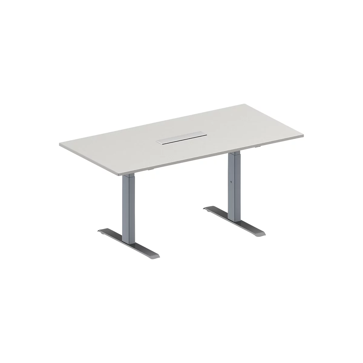 Schäfer Shop Genius Mesa de reuniones MODENA FLEX, ajustable en altura, cuadro de conexión de 6 tomas, forma rectangular, pata en T de tubo rectangular, An 1600 x P 800 mm, gris luminoso