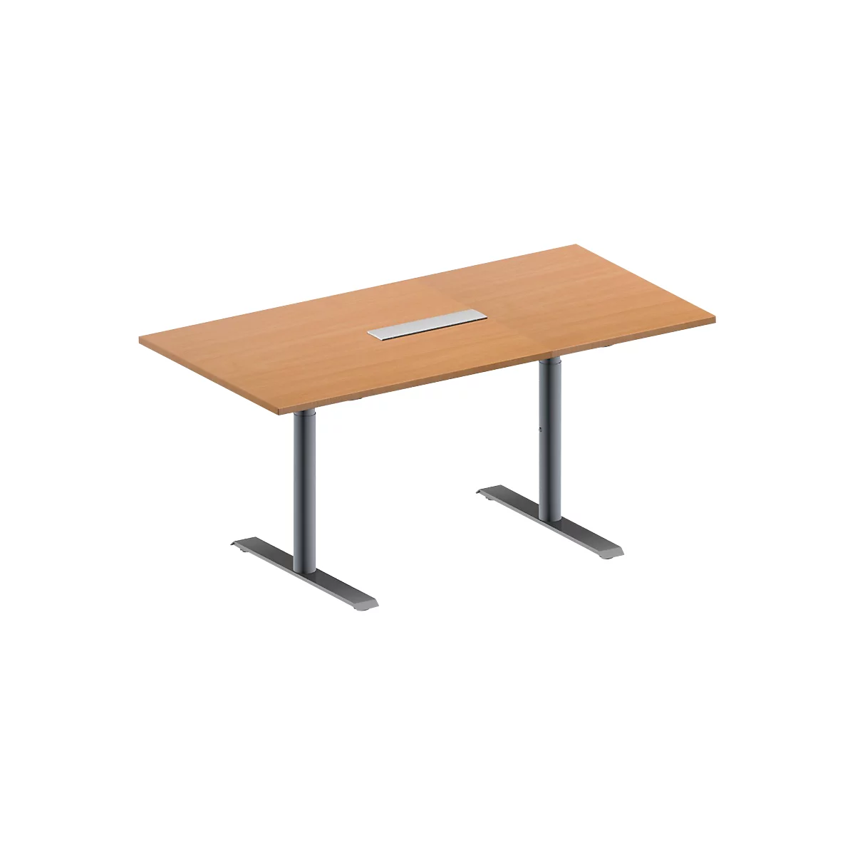 Schäfer Shop Genius Mesa de reuniones MODENA FLEX, ajustable en altura, cuadro de conexión de 6 tomas, forma rectangular, pata en T tubo redondo, An 1600 x P 800 mm, acabado en haya