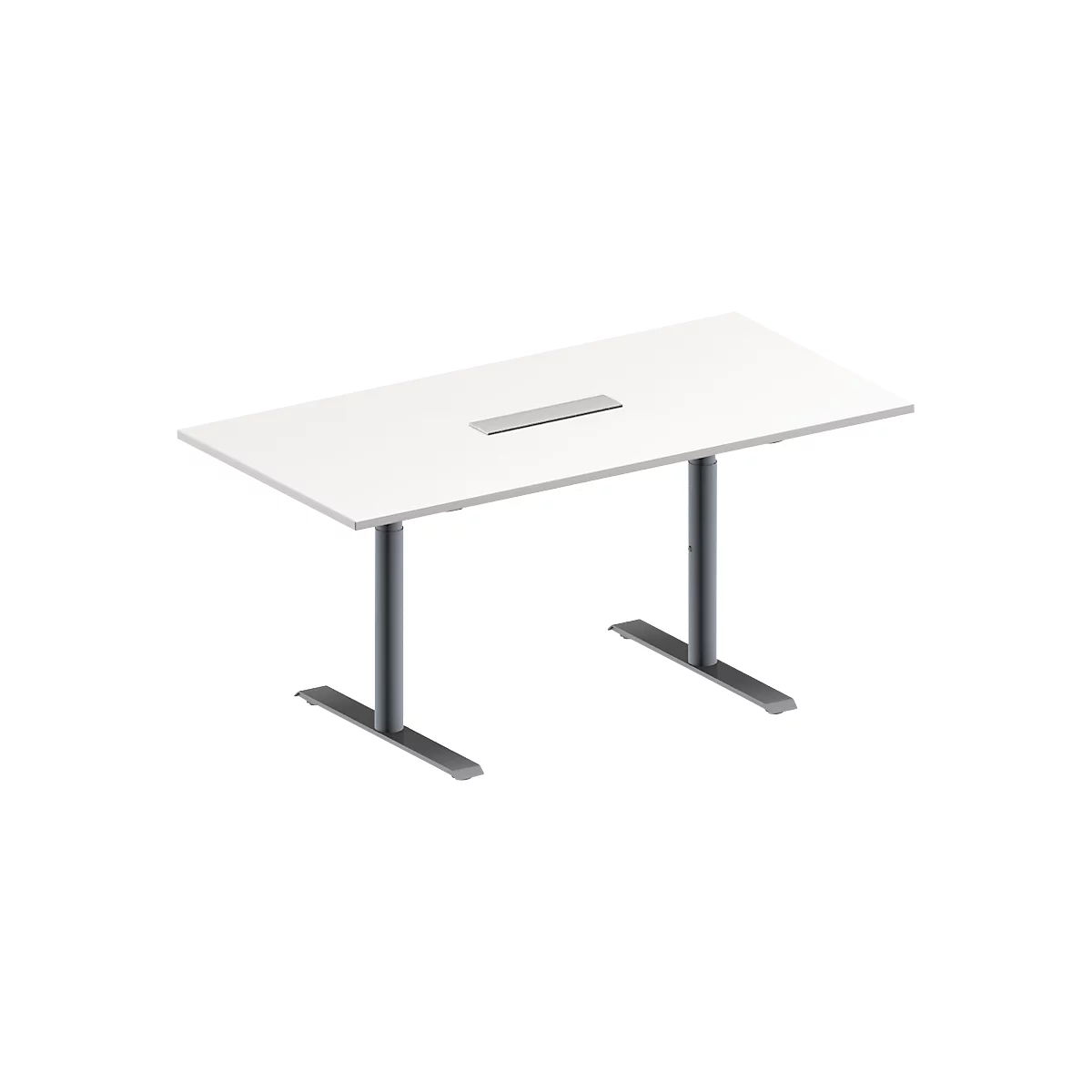 Schäfer Shop Genius Mesa de reuniones MODENA FLEX, ajustable en altura, cuadro de conexión de 6 tomas, forma rectangular, pata en T tubo redondo, An 1600 x P 800 mm, blanco