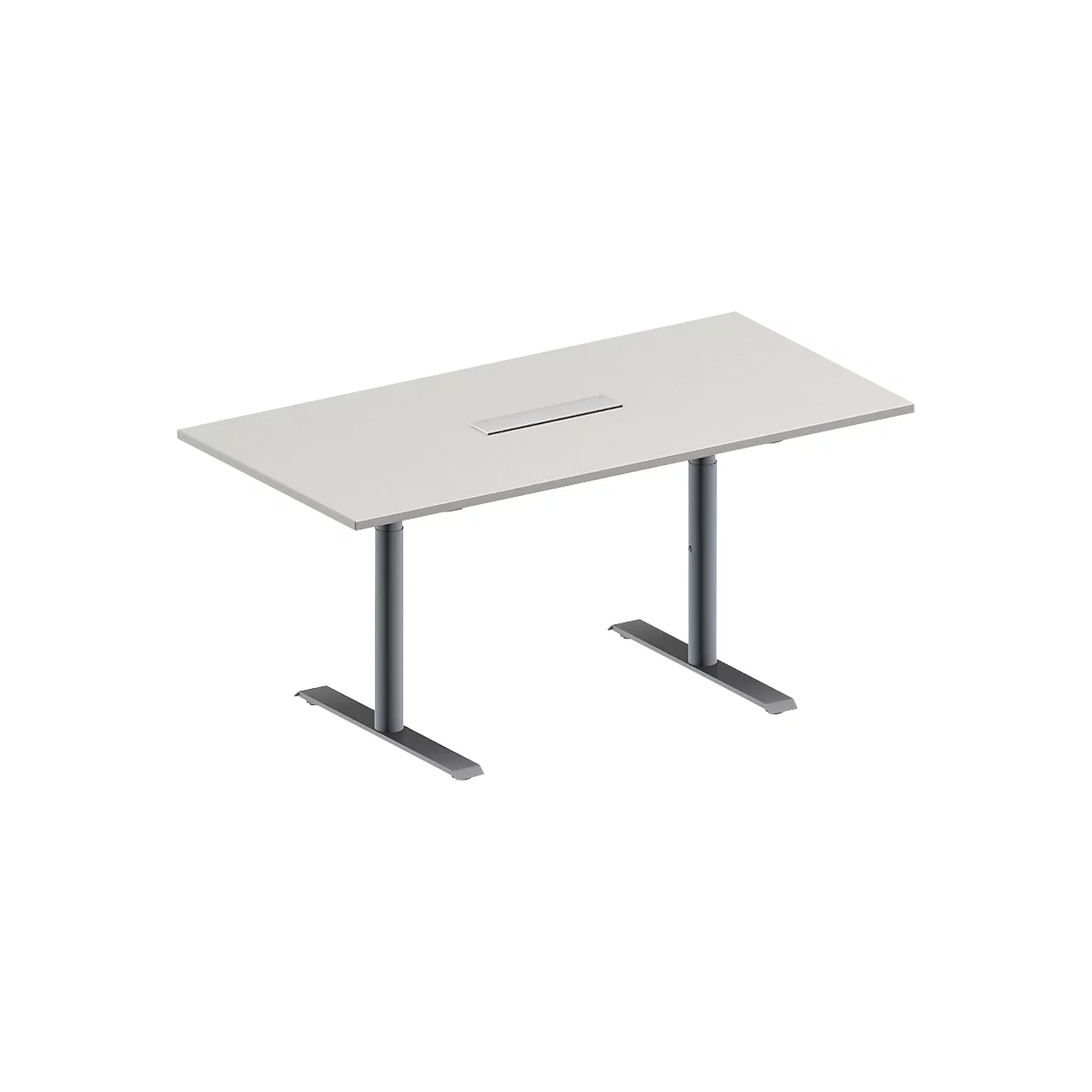 Schäfer Shop Genius Mesa de reuniones MODENA FLEX, ajustable en altura, cuadro de conexión de 6 tomas, forma rectangular, pata en T tubo redondo, An 1600 x P 800 mm, gris luminoso