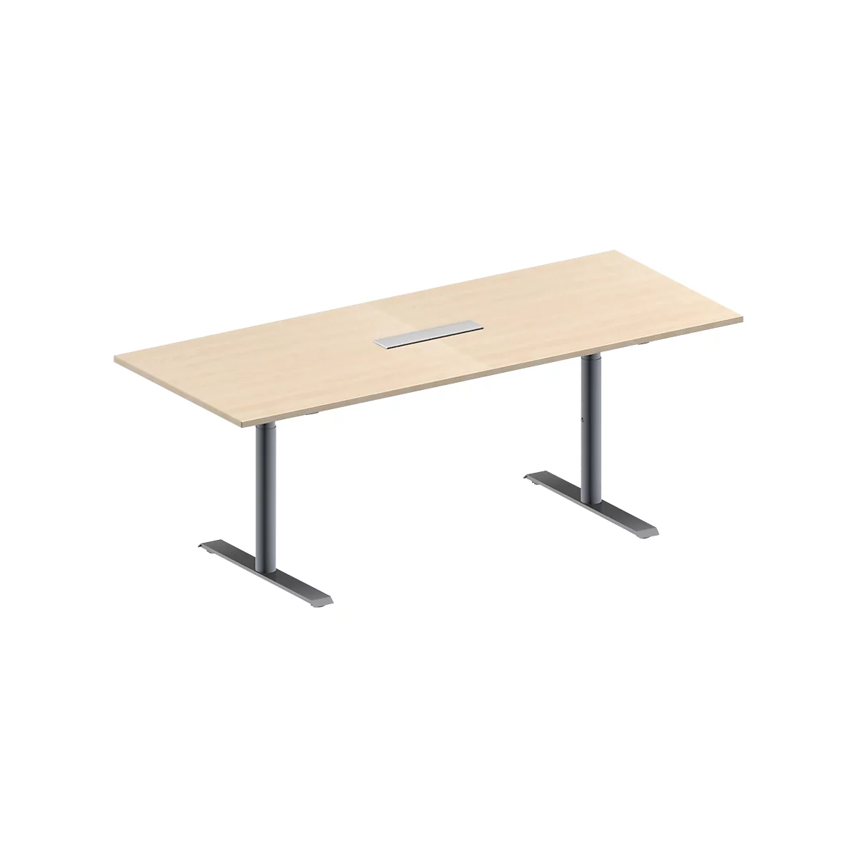 Schäfer Shop Genius Mesa de reuniones MODENA FLEX, ajustable en altura, cuadro de conexión de 6 tomas, forma rectangular, pata en T tubo redondo, An 2000 x P 800 mm, acabado en arce