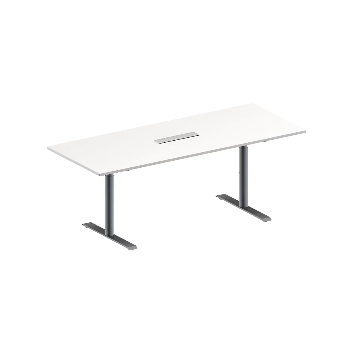 Schäfer Shop Genius Mesa de reuniones MODENA FLEX, ajustable en altura, cuadro de conexión de 6 tomas, forma rectangular, pata en T tubo redondo, An 2000 x P 800 mm, blanco