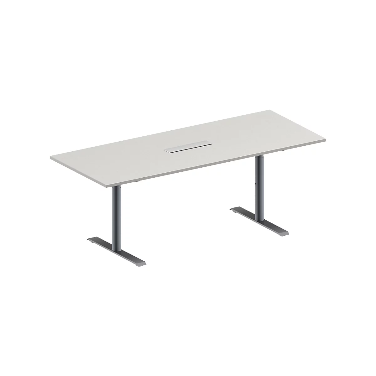 Schäfer Shop Genius Mesa de reuniones MODENA FLEX, ajustable en altura, cuadro de conexión de 6 tomas, forma rectangular, pata en T tubo redondo, An 2000 x P 800 mm, gris luminoso