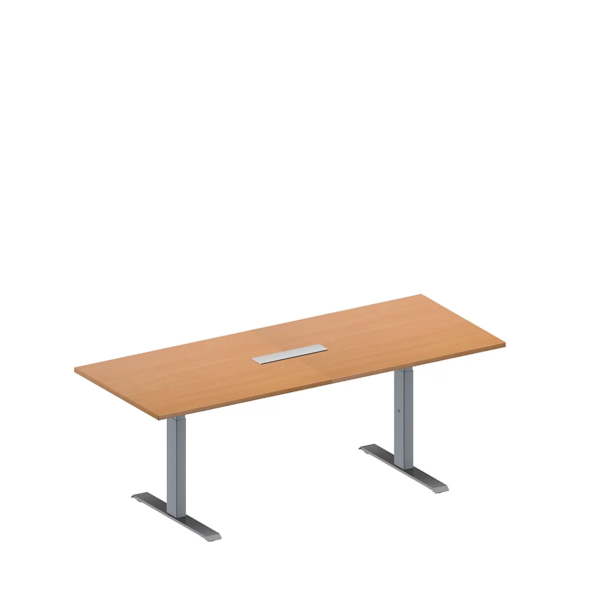 Schäfer Shop Genius Mesa de reuniones MODENA FLEX, ajustable en altura, cuadro de conexión de 6 tomas, rectangular, pata en T, An 2000 x P 800 mm, acabado en haya