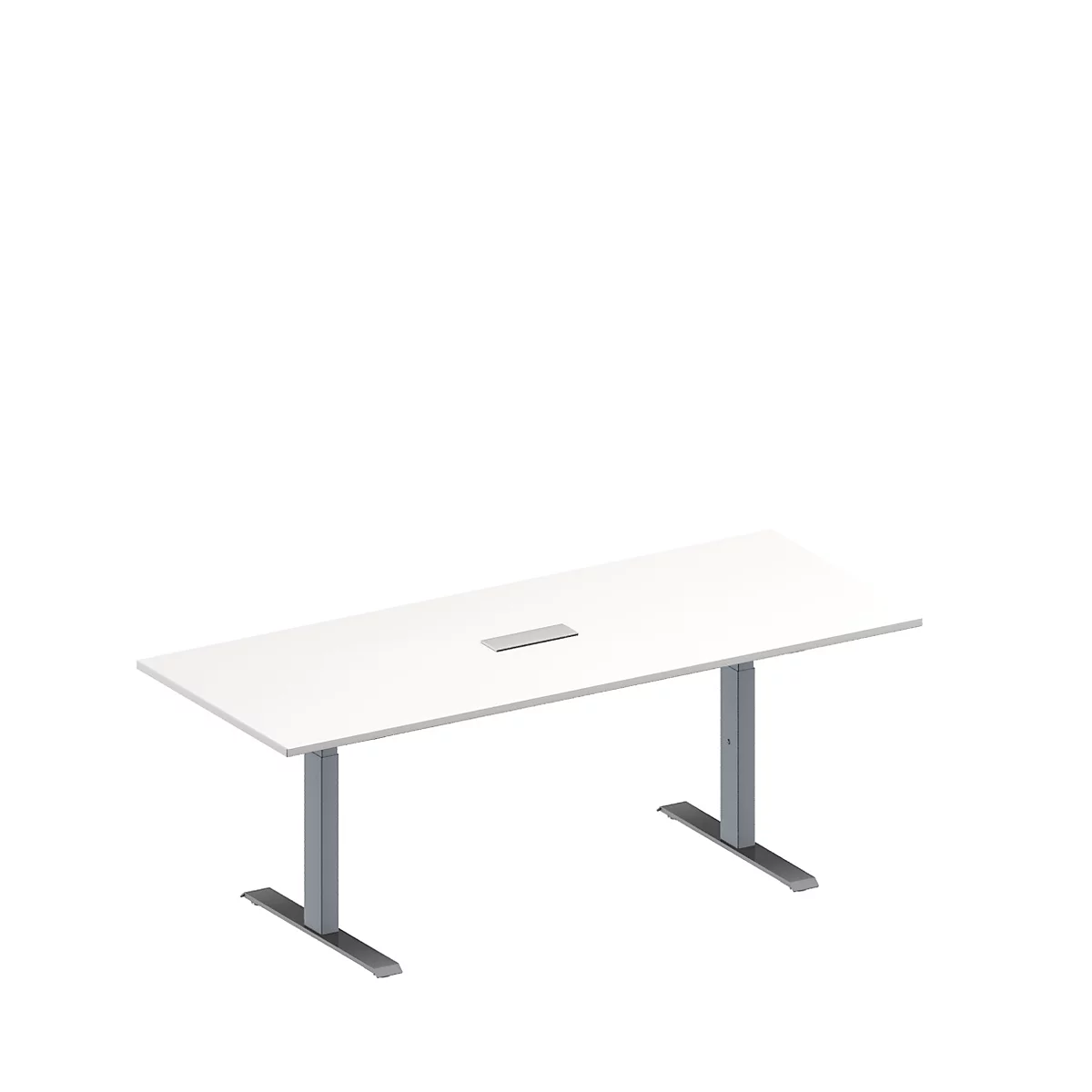 Schäfer Shop Genius Mesa de reuniones MODENA FLEX, ajustable en altura, cuadro de conexión de 6 tomas, rectangular, pata en T, An 2000 x P 800 mm, blanco