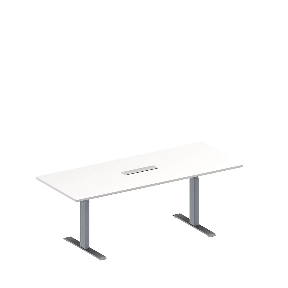 Schäfer Shop Genius Mesa de reuniones MODENA FLEX, ajustable en altura, cuadro de conexión de 6 tomas, rectangular, pata en T, An 2000 x P 800 mm, blanco