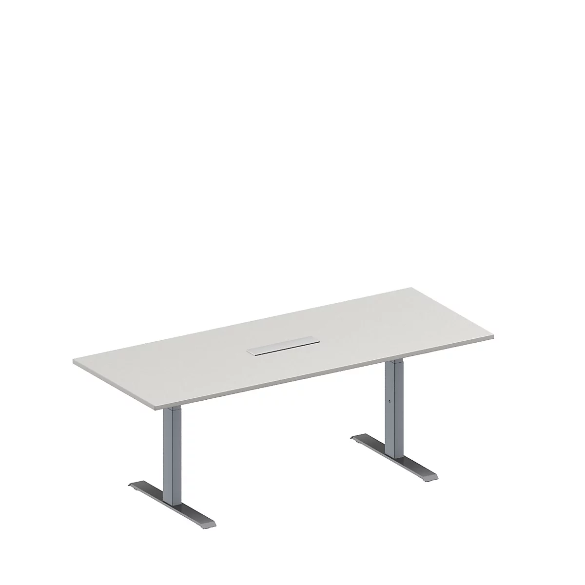 Schäfer Shop Genius Mesa de reuniones MODENA FLEX, ajustable en altura, cuadro de conexión de 6 tomas, rectangular, pata en T, An 2000 x P 800 mm, gris luminoso