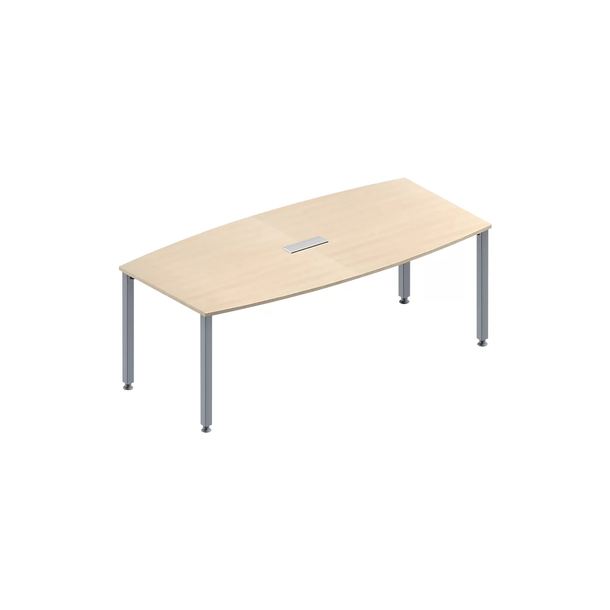 Schäfer Shop Genius Mesa de reuniones MODENA FLEX, ajustable en altura, forma de barca, 4 patas de tubo cuadrado, An 2000 x P 1000/800 mm, cuadro de conexión de 3 tomas, acabado en arce