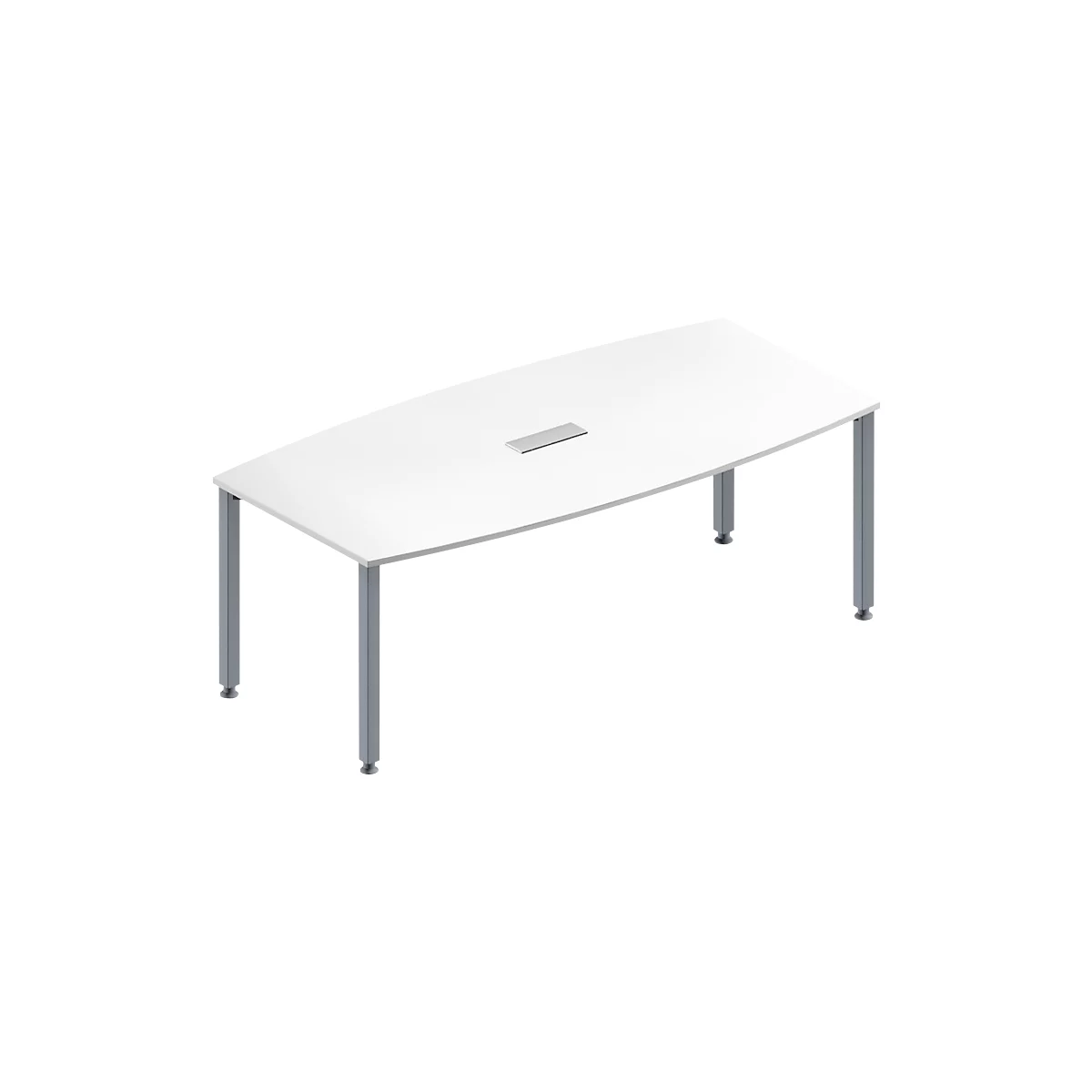 Schäfer Shop Genius Mesa de reuniones MODENA FLEX, ajustable en altura, forma de barca, 4 patas de tubo cuadrado, An 2000 x P 1000/800 mm, cuadro de conexión de 3 tomas, blanco