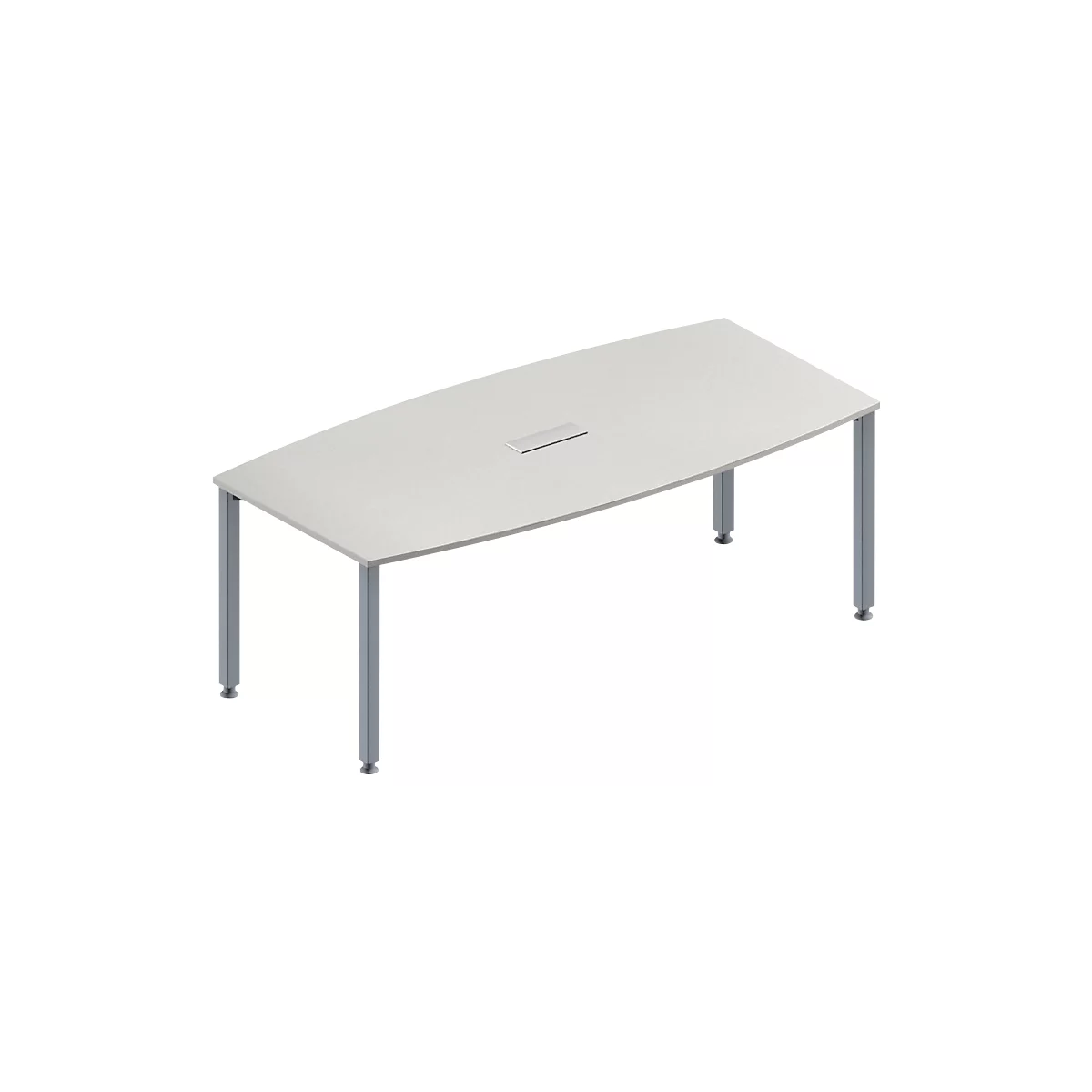 Schäfer Shop Genius Mesa de reuniones MODENA FLEX, ajustable en altura, forma de barca, 4 patas de tubo cuadrado, An 2000 x P 1000/800 mm, cuadro de conexión de 3 tomas, gris luminoso