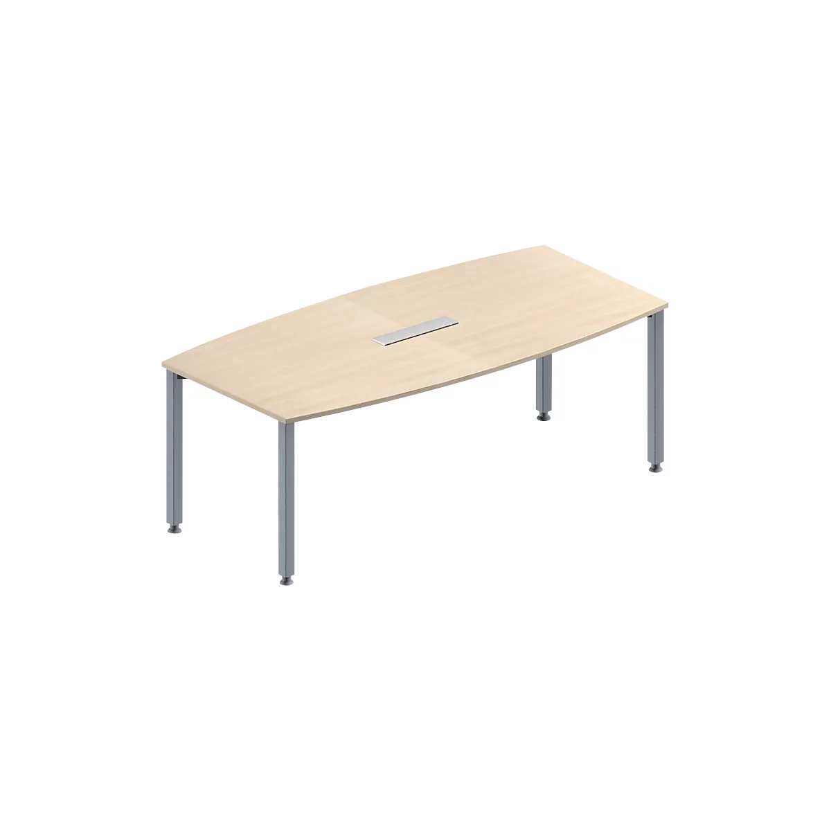 Schäfer Shop Genius Mesa de reuniones MODENA FLEX, ajustable en altura, forma de barca, 4 patas de tubo cuadrado, An 2000 x P 1000/800 mm, cuadro de conexión de 6 tomas, acabado en arce