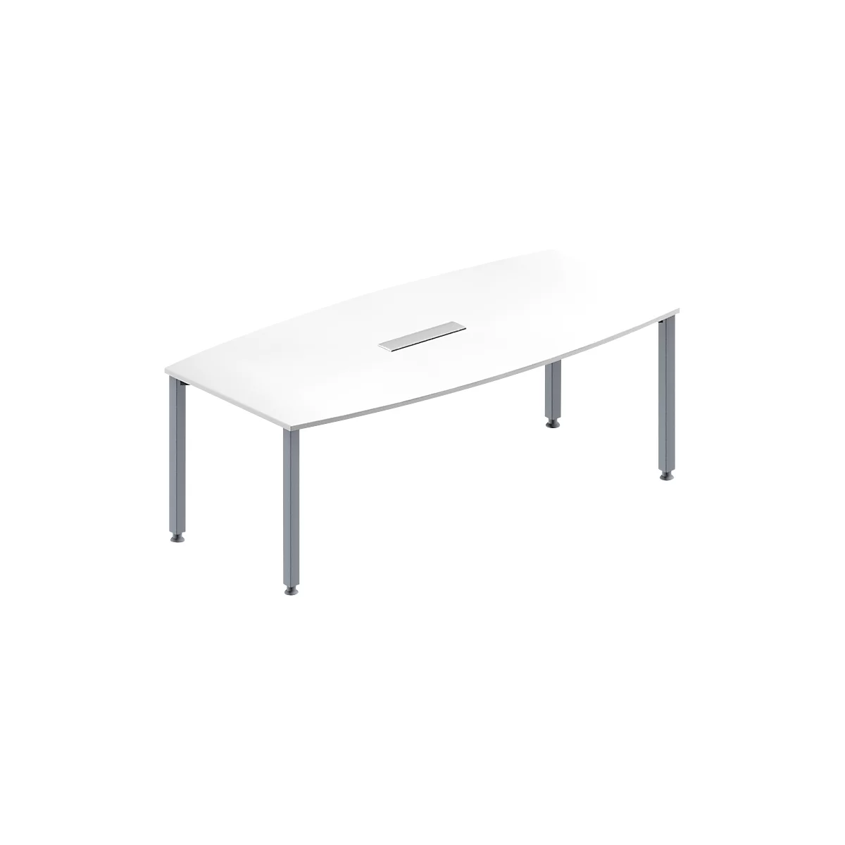 Schäfer Shop Genius Mesa de reuniones MODENA FLEX, ajustable en altura, forma de barca, 4 patas de tubo cuadrado, An 2000 x P 1000/800 mm, cuadro de conexión de 6 tomas, blanco