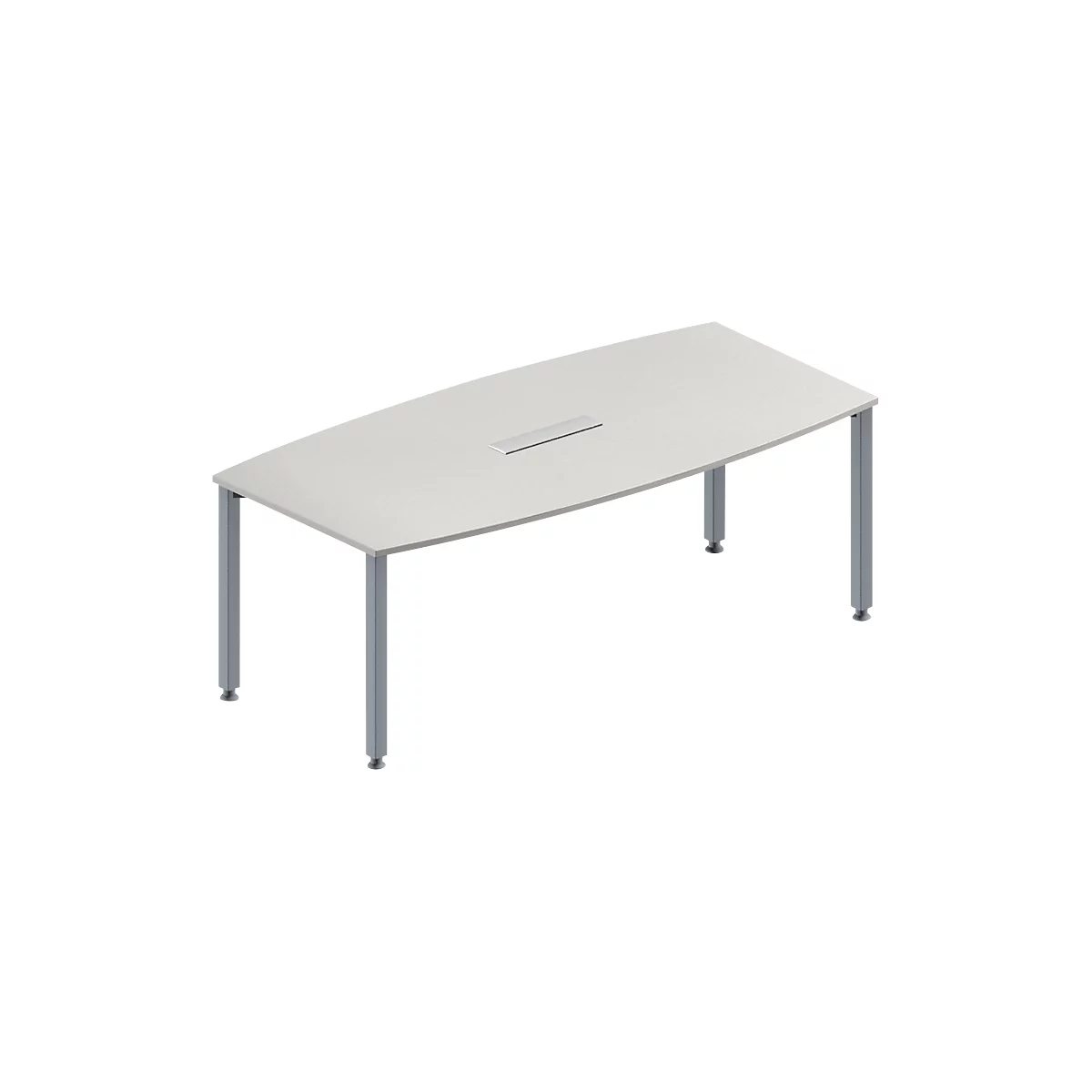 Schäfer Shop Genius Mesa de reuniones MODENA FLEX, ajustable en altura, forma de barca, 4 patas de tubo cuadrado, An 2000 x P 1000/800 mm, cuadro de conexión de 6 tomas, gris luminoso