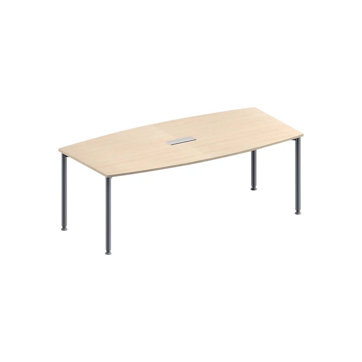 Schäfer Shop Genius Mesa de reuniones MODENA FLEX, ajustable en altura, forma de barca, 4 patas de tubo redondo, An 2000 x P 1000/800 mm, cuadro de conexión de 3 tomas, acabado en arce