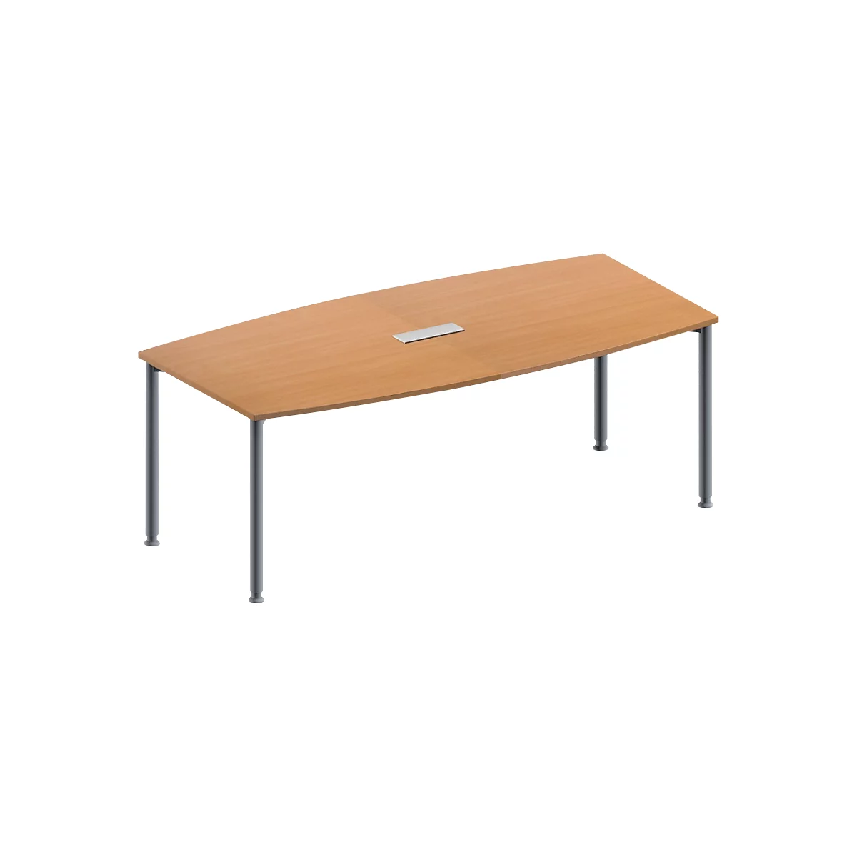 Schäfer Shop Genius Mesa de reuniones MODENA FLEX, ajustable en altura, forma de barca, 4 patas de tubo redondo, An 2000 x P 1000/800 mm, cuadro de conexión de 3 tomas, acabado en haya