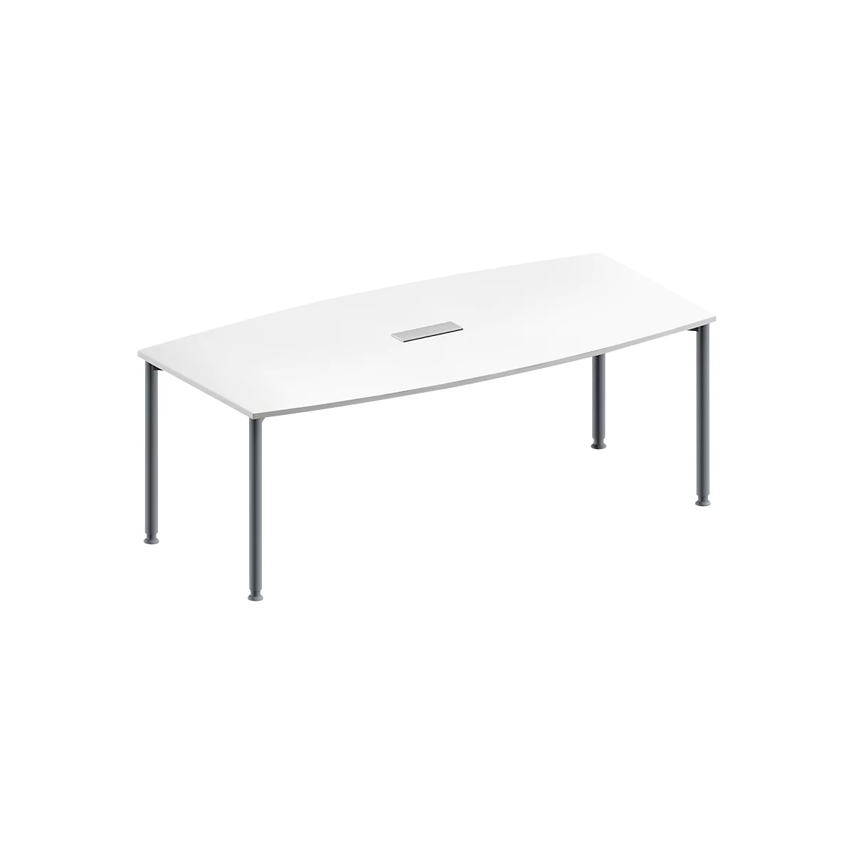 Schäfer Shop Genius Mesa de reuniones MODENA FLEX, ajustable en altura, forma de barca, 4 patas de tubo redondo, An 2000 x P 1000/800 mm, cuadro de conexión de 3 tomas, blanco