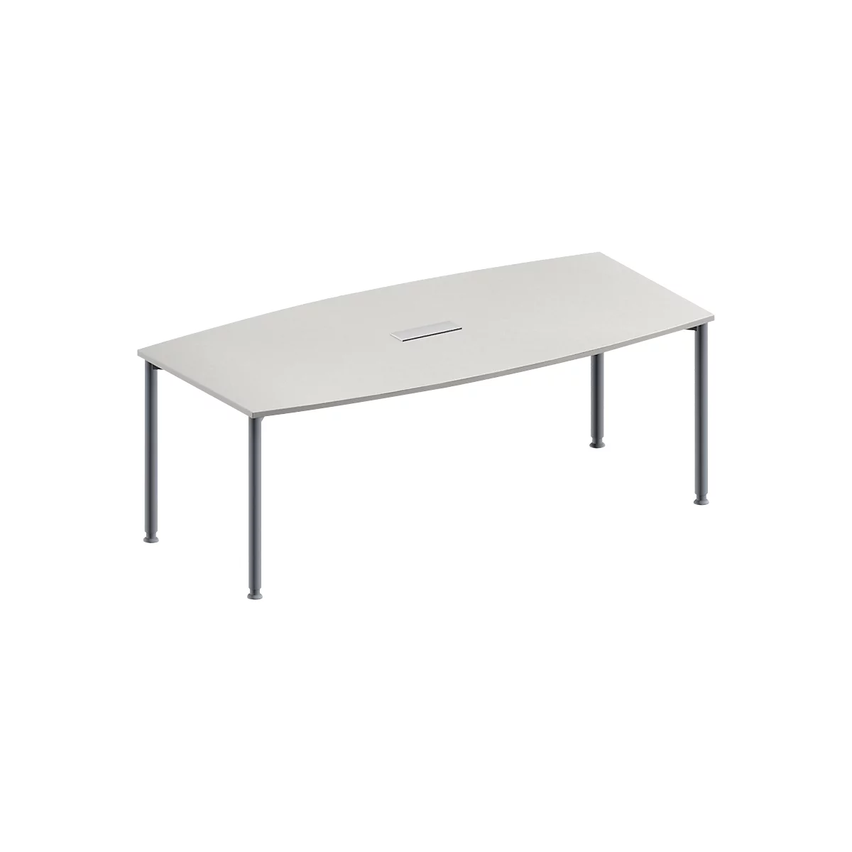 Schäfer Shop Genius Mesa de reuniones MODENA FLEX, ajustable en altura, forma de barca, 4 patas de tubo redondo, An 2000 x P 1000/800 mm, cuadro de conexión de 3 tomas, gris luminoso