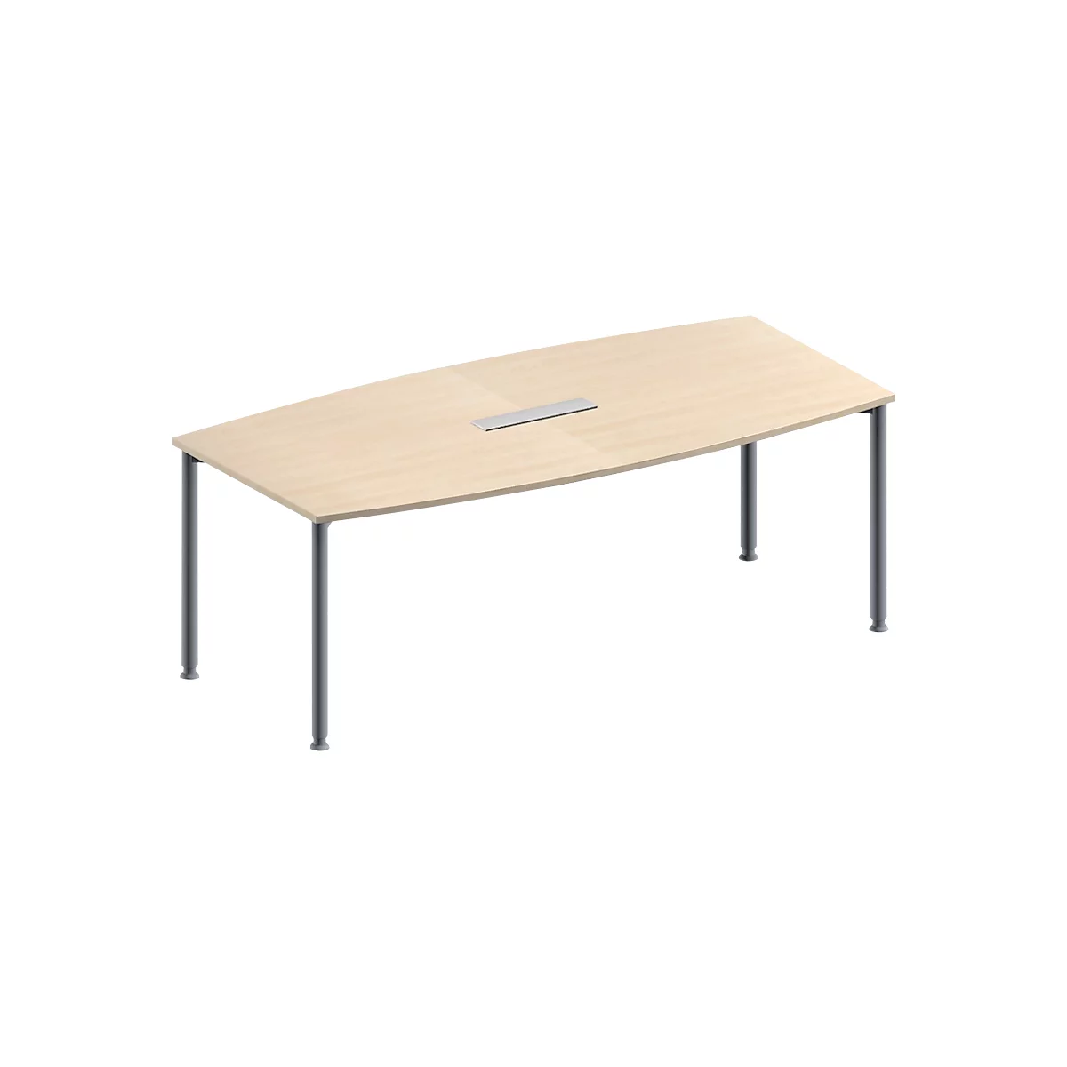 Schäfer Shop Genius Mesa de reuniones MODENA FLEX, ajustable en altura, forma de barca, 4 patas de tubo redondo, An 2000 x P 1000/800 mm, cuadro de conexión de 6 tomas, acabado en arce