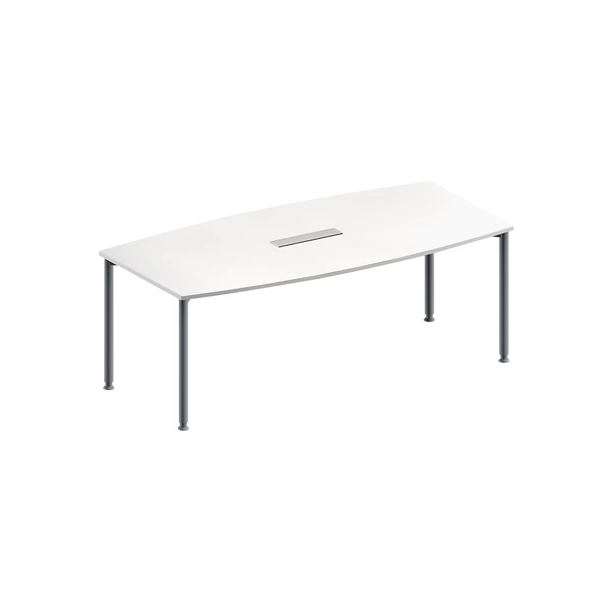 Schäfer Shop Genius Mesa de reuniones MODENA FLEX, ajustable en altura, forma de barca, 4 patas de tubo redondo, An 2000 x P 1000/800 mm, cuadro de conexión de 6 tomas, blanco