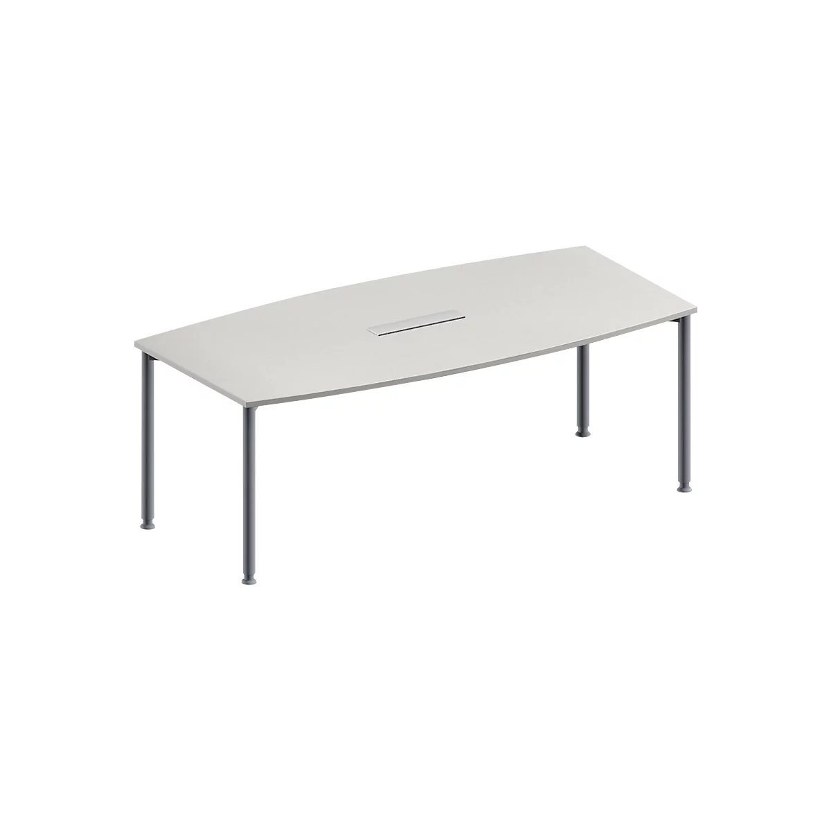 Schäfer Shop Genius Mesa de reuniones MODENA FLEX, ajustable en altura, forma de barca, 4 patas de tubo redondo, An 2000 x P 1000/800 mm, cuadro de conexión de 6 tomas, gris luminoso