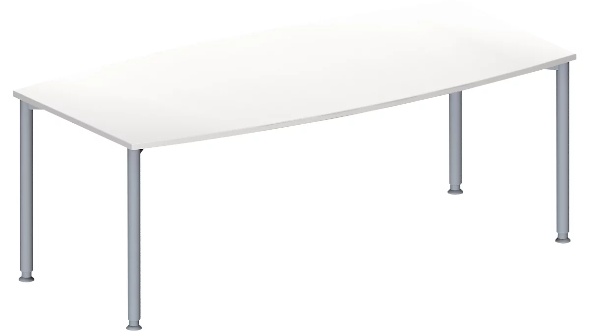 Schäfer Shop Genius Mesa de reuniones MODENA FLEX, ajustable en altura, forma de barca, 4 patas de tubo redondo, An 2000 x P 1000/800 mm, sin cuadro de conexión, blanco