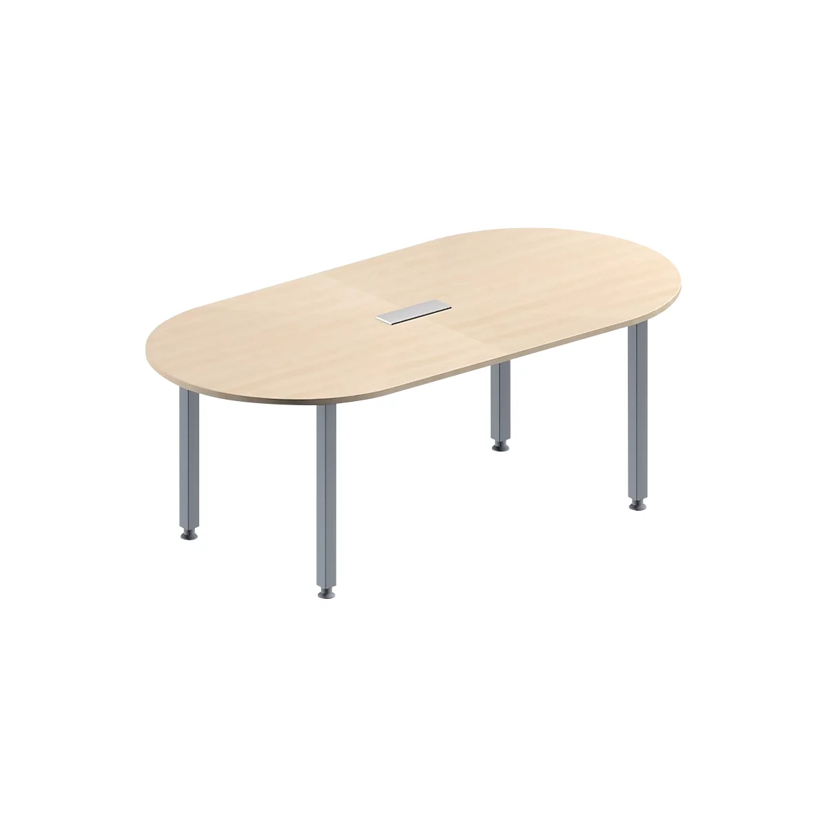 Schäfer Shop Genius Mesa de reuniones MODENA FLEX, ajustable en altura, forma ovalada, 4 patas de tubo cuadrado, An 2000 x P 1000 mm, cuadro de conexión de 3 tomas, acabado en arce