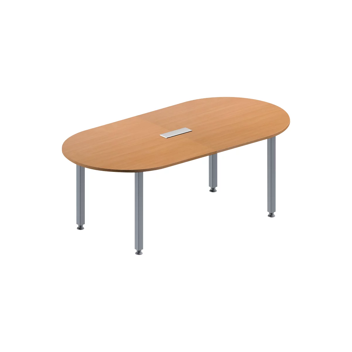 Schäfer Shop Genius Mesa de reuniones MODENA FLEX, ajustable en altura, forma ovalada, 4 patas de tubo cuadrado, An 2000 x P 1000 mm, cuadro de conexión de 3 tomas, acabado en haya