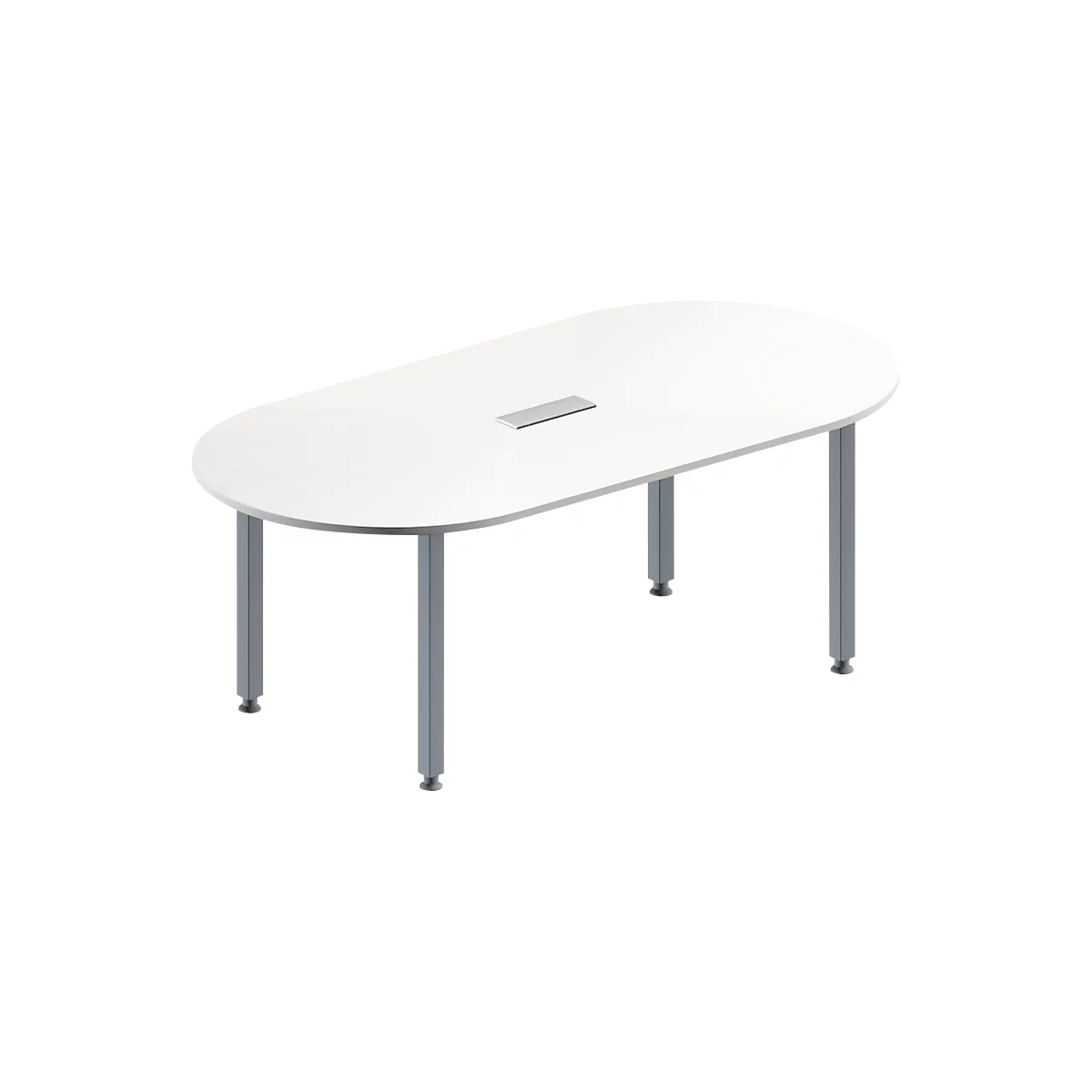 Schäfer Shop Genius Mesa de reuniones MODENA FLEX, ajustable en altura, forma ovalada, 4 patas de tubo cuadrado, An 2000 x P 1000 mm, cuadro de conexión de 3 tomas, blanco