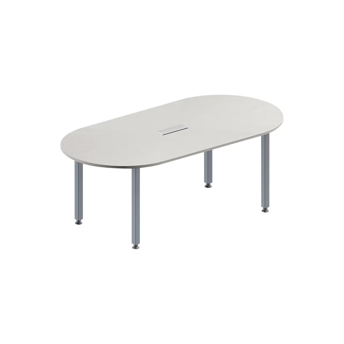 Schäfer Shop Genius Mesa de reuniones MODENA FLEX, ajustable en altura, forma ovalada, 4 patas de tubo cuadrado, An 2000 x P 1000 mm, cuadro de conexión de 3 tomas, gris luminoso