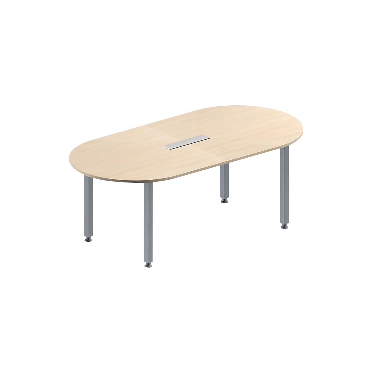 Schäfer Shop Genius Mesa de reuniones MODENA FLEX, ajustable en altura, forma ovalada, 4 patas de tubo cuadrado, An 2000 x P 1000 mm, cuadro de conexión de 6 tomas, acabado en arce