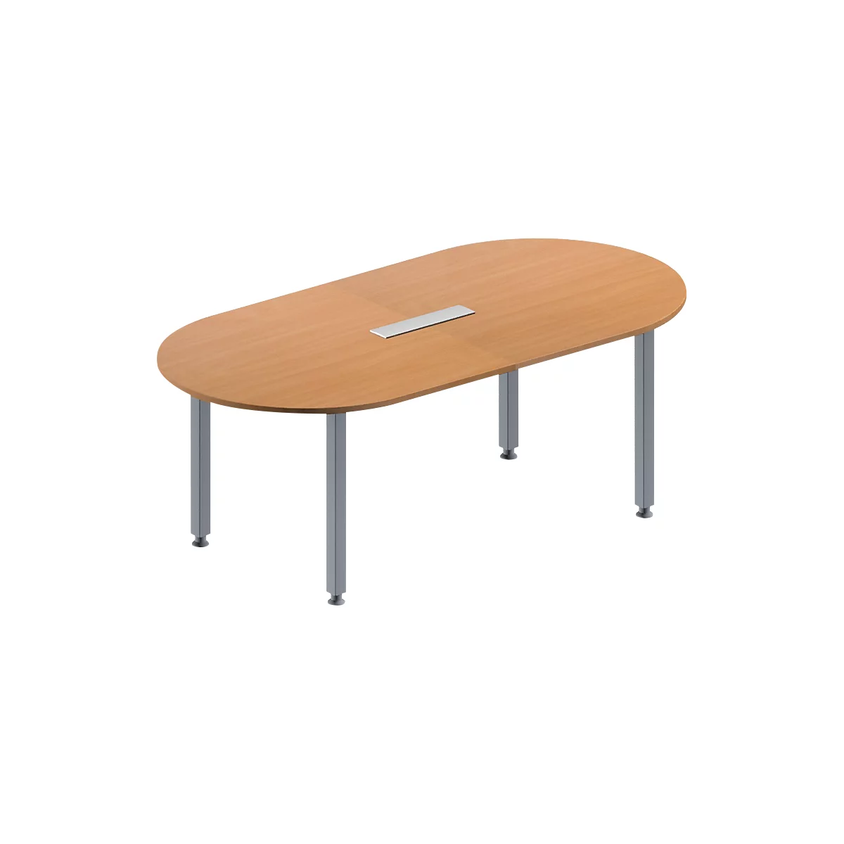 Schäfer Shop Genius Mesa de reuniones MODENA FLEX, ajustable en altura, forma ovalada, 4 patas de tubo cuadrado, An 2000 x P 1000 mm, cuadro de conexión de 6 tomas, acabado en haya