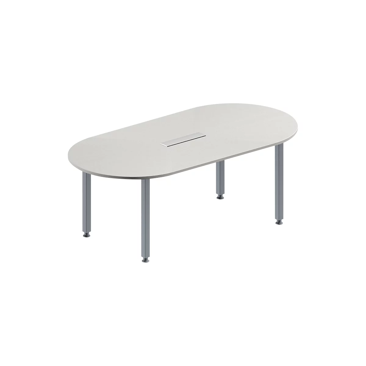 Schäfer Shop Genius Mesa de reuniones MODENA FLEX, ajustable en altura, forma ovalada, 4 patas de tubo cuadrado, An 2000 x P 1000 mm, cuadro de conexión de 6 tomas, gris luminoso