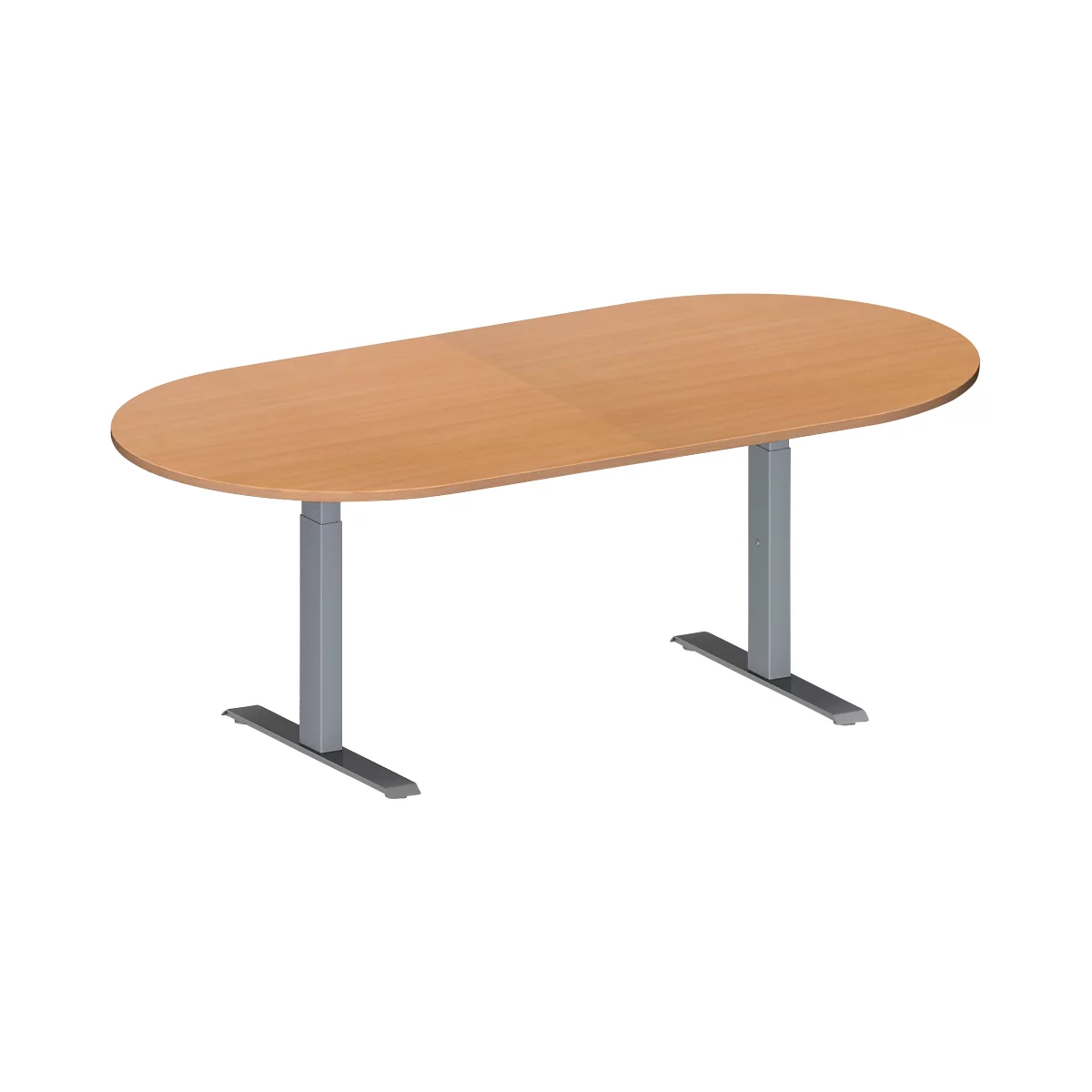 Schäfer Shop Genius Mesa de reuniones MODENA FLEX, ajustable en altura, sin cuadro de conexión, forma ovalada, pata en T de tubo rectangular, An 2000 x P 1000 mm, acabado en haya